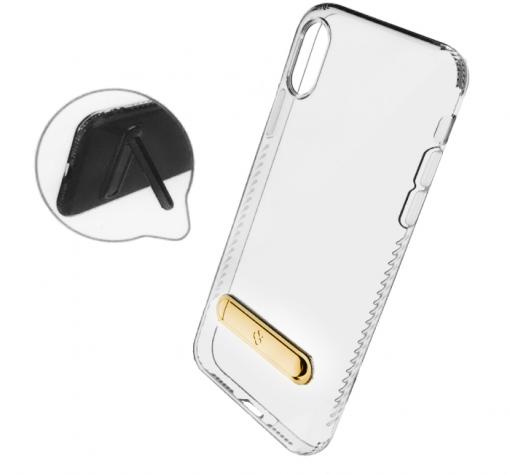 Луксозен силиконов калъф / гръб / TPU TOTU Design Keen Series със стойка за Apple iPhone X - прозрачен със златисто