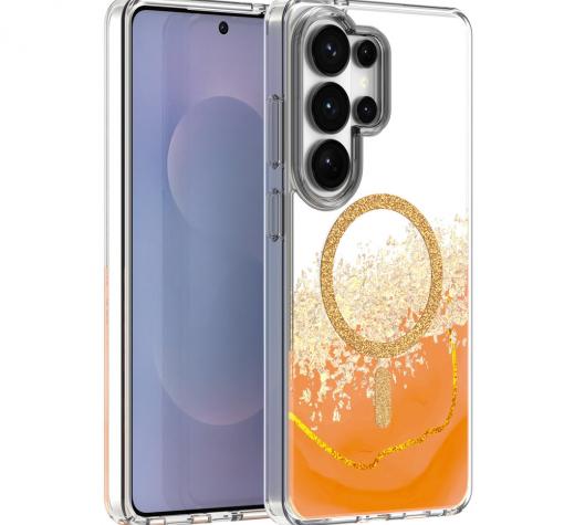 Луксозен твърд гръб 3D Epoxy Mag Case Samsung S26 Ultra - прозрачен гръб с брокат оранжев