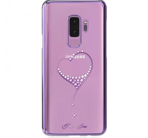 Луксозен твърд гръб KINGXBAR Swarovski Diamond за Samsung S9 G960 - прозрачен с лилав кант / сърце