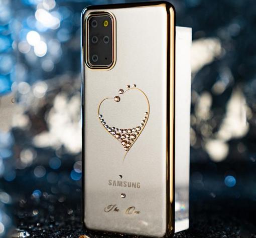 Луксозен твърд гръб KINGXBAR Swarovski Diamond за Samsung S20 - прозрачен със златист кант / сърце