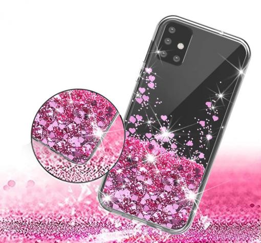Луксозен твърд гръб 3D Water Case за Samsung A71 - прозрачен / течен гръб с брокат / сърца / розов