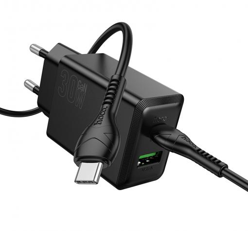 Зарядно устройство HOCO N71 220V 30W / 2 port USB / кабел Type C-Type C - черен