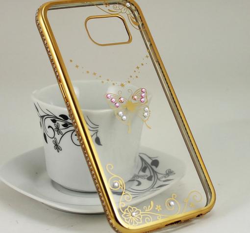 Луксозен силиконов калъф / гръб / TPU с камъни за Samsung S7 G930 - прозрачен / пеперуда / златист кант