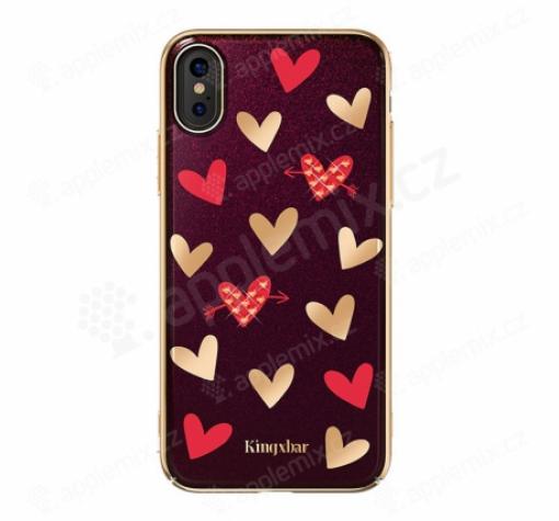 Луксозен твърд гръб Kingxbar с камъни SWAROVSKI за Apple iPhone X - сърца / златен кант