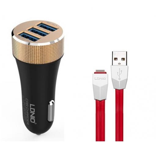 Оригинален USB кабел LDNIO C50 Car Charger 12V / 3 USB порта и USB кабел 5.1A за Samsung , LG , HTC , Sony, Nokia, Huawei , ZTE, BlackBerry и др. - черно / червено