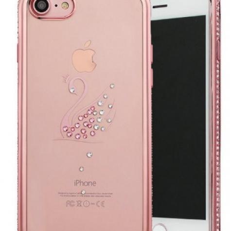 Луксозен силиконов калъф / гръб / TPU с камъни за Apple iPhone 7- прозрачен с Rose Gold кант / лебед