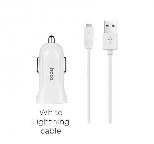 Универсално зарядно за кола HOCO Z2A 2xUSB - кабел Apple Lightning - бяло