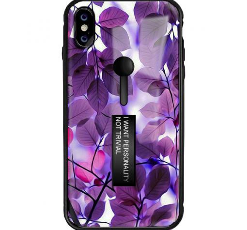 Луксозен гръб с подвижен пръстен/държач за Apple iPhone X / iPhone XS - лилави листа