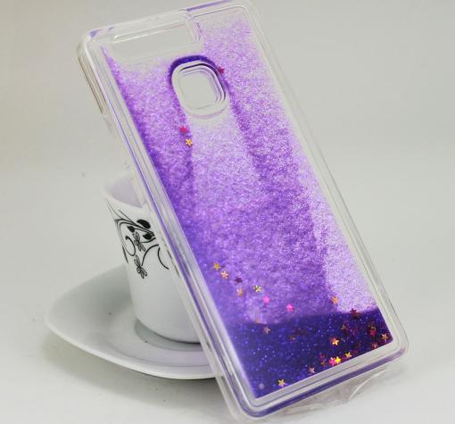 Силиконов калъф / гръб / TPU 3D за Huawei P9 - прозрачен с лилав брокат