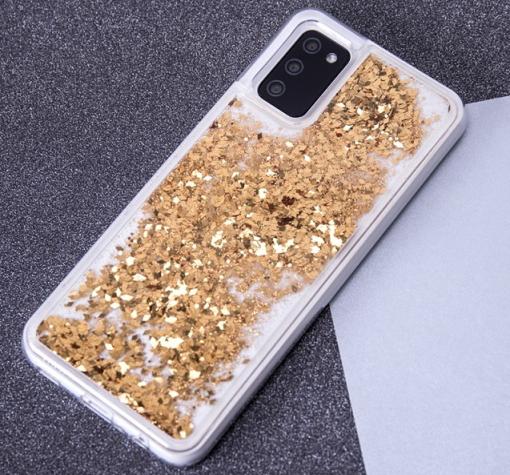 Луксозен твърд гръб / кейс / 3D Water Case за Samsung A33 5G - прозрачен / течен гръб с брокат / златист