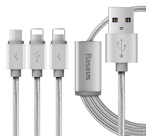 Оригинален USB кабел Baseus Portman Series 1.2М 3in1 Micro USB, iPhone USB Charging Cable, iPhone USB Data cable - сребрист
