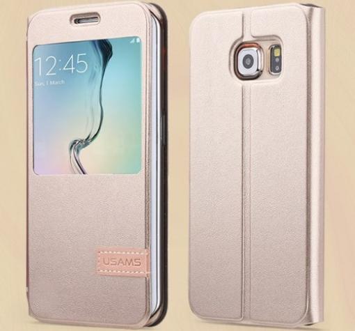 Луксозен кожен калъф тефтер S-View със стойка USAMS за Samsung S6 Edge G925 - златист