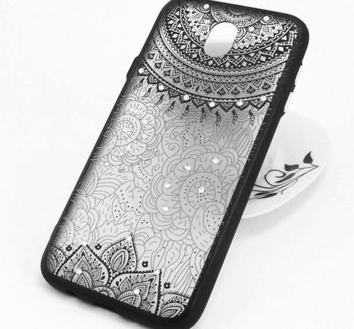 Луксозен твърд гръб със силиконов кант и камъни за Samsung J3 2017 J330 - прозрачен / черна мандала