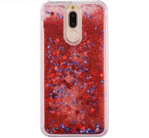Луксозен твърд гръб 3D Water Case за Huawei Mate 20 Lite - прозрачен / течен гръб с червен брокат / звездички