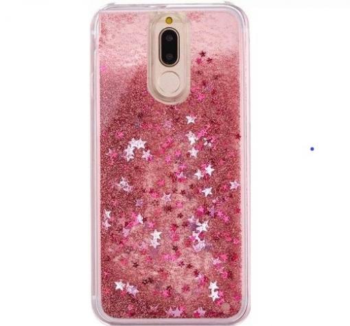 Луксозен твърд гръб 3D Water Case за Huawei Mate 20 Lite - прозрачен / течен гръб с розов брокат / звездички