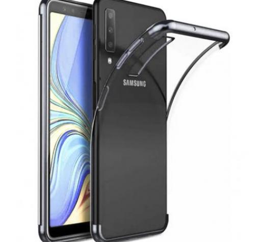 Луксозен силиконов калъф / гръб / TPU за Samsung A70 - прозрачен / черен кант