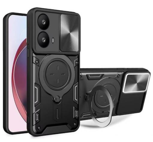 Удароустойчив гръб TPU кейс Slide Camera Case Magnetic Finger Ring Car Holder за Motorola Moto G35 5G - черен