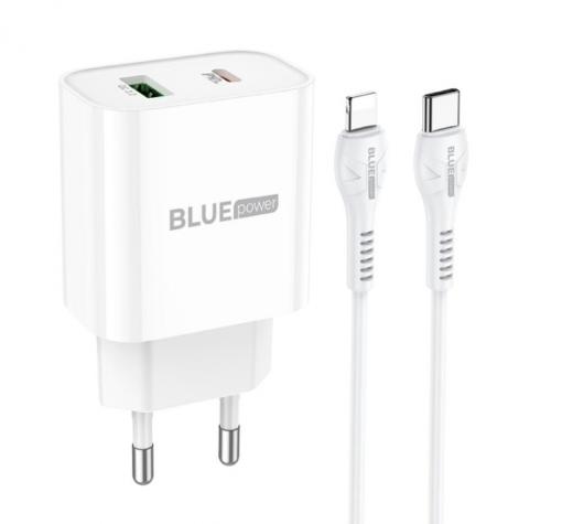 Зарядно устройство комплект BLUE Power Fast Charge BCC80A Rapido с USB и Type C изход с кабел Lightning - Type C PD QC3 20W
