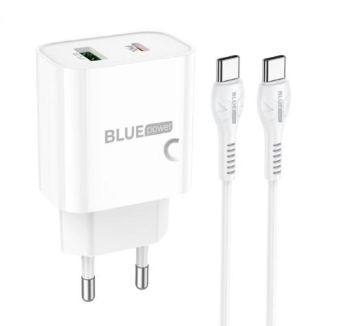 Зарядно устройство комплект BLUE Power Fast Charge BCC80A Rapido с USB и Type C изход с кабел Type C - Type C PD QC3 20W