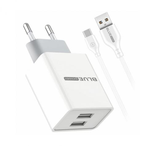 Зарядно устройство BLUE Power L65EU 220V с 2 USB изхода 2.4A с кабел 1м Тype-C