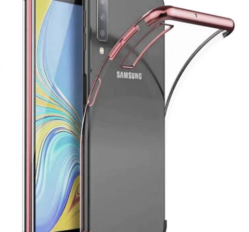 Луксозен силиконов калъф / гръб / TPU за Samsung A70 - прозрачен / Rose Gold кант