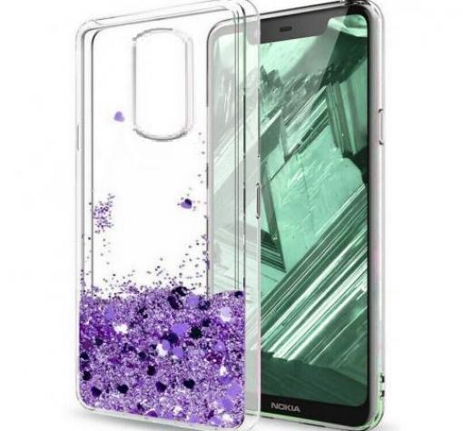 Луксозен твърд гръб 3D Water Case за Xiaomi Redmi Note 9 - прозрачен / течен гръб с брокат / сърца / лилав