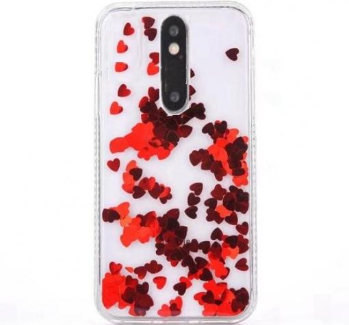 Луксозен твърд гръб 3D за Nokia 5.1 2018 - прозрачен / червен брокат / сърца