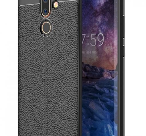 Луксозен силиконов калъф / гръб / TPU за Nokia 7 Plus - черен / имитиращ кожа