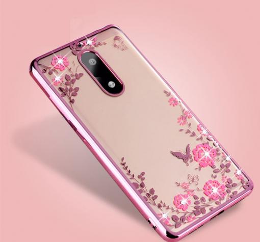 Луксозен силиконов калъф / гръб / TPU с камъни за Nokia 5 2017 - прозрачен / розови цветя / Rose Gold кант