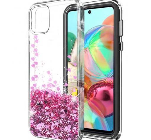 Луксозен твърд гръб 3D Water Case за Samsung Note 10 Lite / A81 - прозрачен / течен гръб с брокат / сърца / розов