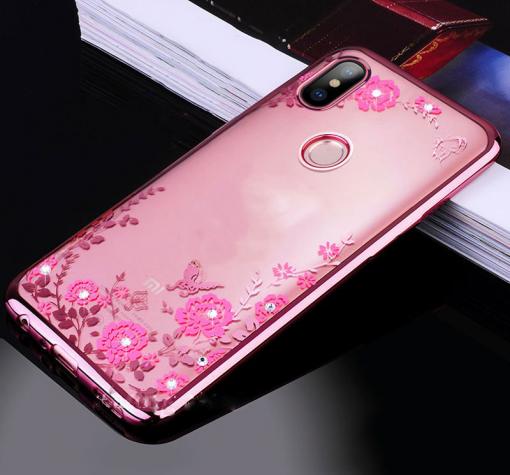 Луксозен силиконов калъф / гръб / TPU с камъни за Xiaomi Redmi Note 5 / Note 5 Pro - прозрачен / розови цветя / Rose Gold кант