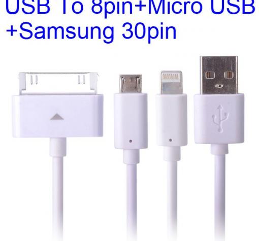 USB кабел за зареждане 3 в 1 за Apple iPhone 4 / 4S , Apple iPhone 5 / 5S / 5C / iPhone 6 / Apple iPad 2 / iPad 4 , Apple iPad Air , Apple iPad Mini , Samsung Tab , HTC , LG , Sony , Blackberry