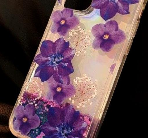 Луксозен гръб 3D Water Case за Apple iPhone 12 /12 Pro 6.1'' - течен гръб с брокат / огледален с лилави цветя