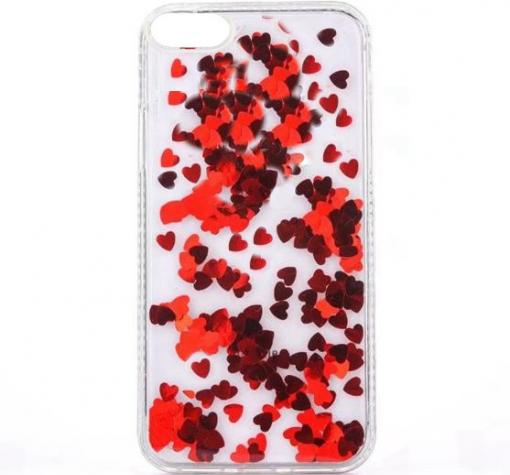 Луксозен твърд гръб 3D за Apple iPhone 6 / iPhone 6S - прозрачен / червен брокат / сърца