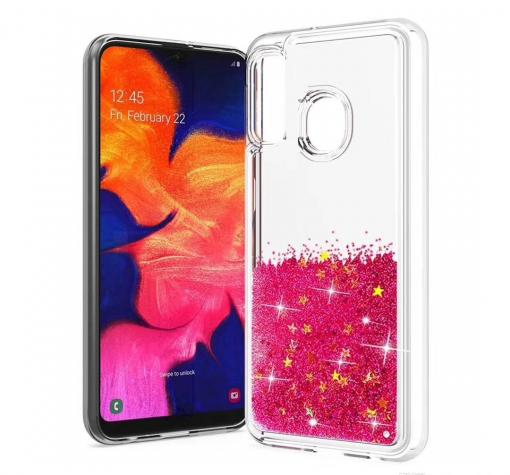 Луксозен твърд гръб 3D Water Case за Samsung A20e - прозрачен / течен гръб с розов брокат