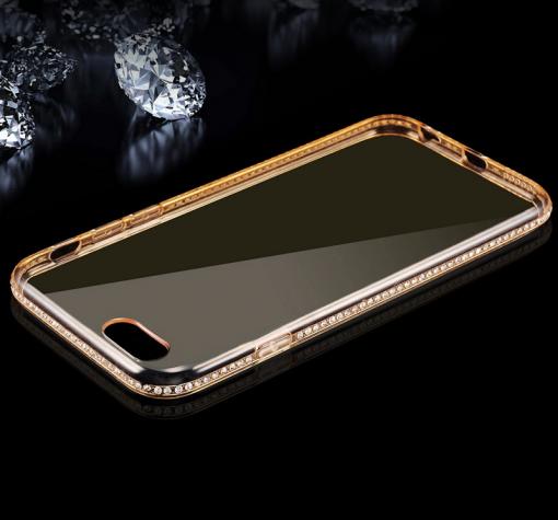 Луксозен силиконов калъф / гръб / TPU UYITLO с камъни за Apple iPhone 6 / iPhone 6S - прозрачен с златист кант