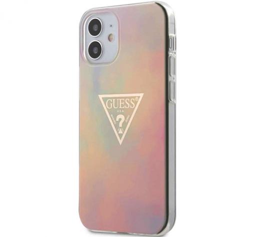 Оригинален силиконов кейс Guess Gold Triangle за Apple iPhone 12 Mini 5.4" - розов / преливащ