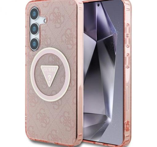Оригинален калъф / гръб / GUESS 4G Glitter Triangle с безжично зареждане MagSafe кейс за Samsung S25 Ultra - розов