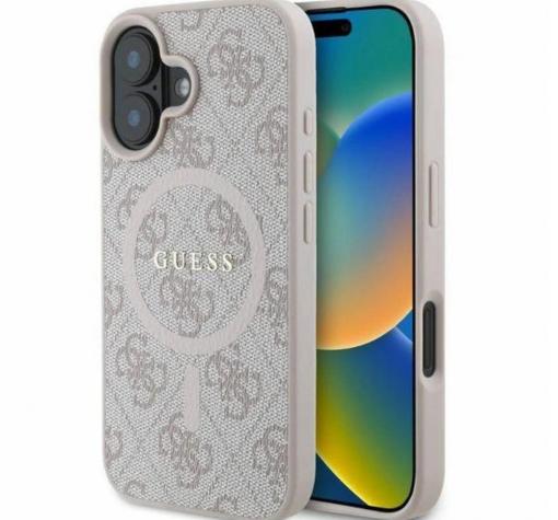 Оригинален кейс Guess HC MagSafe PU 4G Ring Classic Logo case за iPhone 16 (6.1) - светло розов гръб