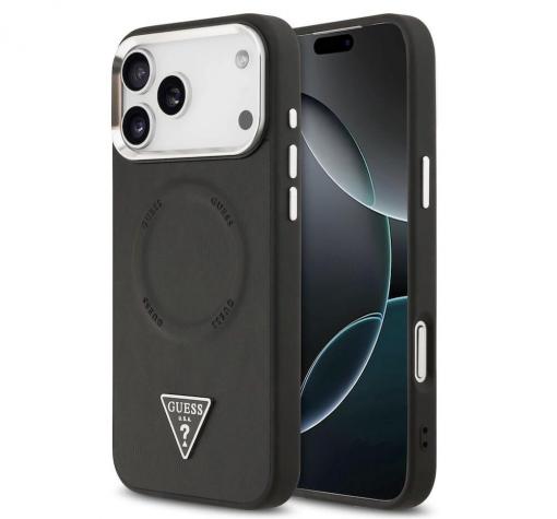 Оригинален калъф / гръб / GUESS Leather Triangle Metal Logo кейс с безжично зареждане MagSafe за Apple iPhone 17 Pro (6.3) - черен