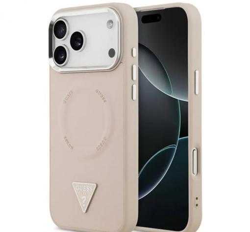 Оригинален калъф / гръб / GUESS Leather Triangle Metal Logo кейс с безжично зареждане MagSafe за Apple iPhone 17 Pro Max (6.9) - розов