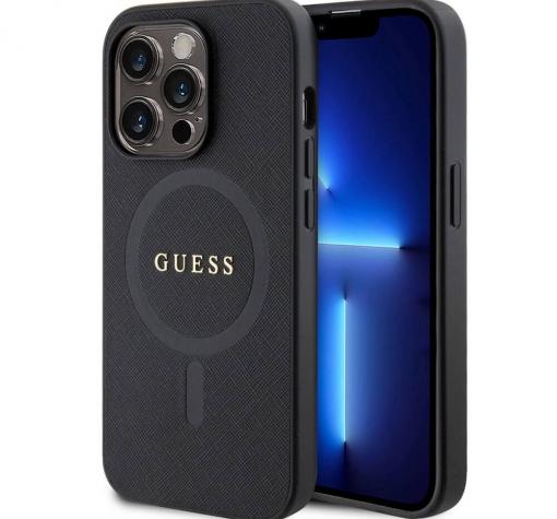 Оригинален силиконов гръб Guess Saffiano с безжично зареждане MagSafe за Apple iPhone 15 Pro Max (6.7) - черен