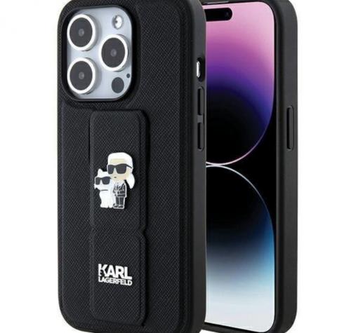 Оригинален калъф / кейс / Karl Lagerfeld Gripstand Saffiano Karl and Choupette Pins за iPhone 15 Pro (6.1) - черен