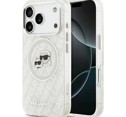 Оригинален калъф / гръб / Karl Lagerfeld Glitter кейс с безжично зареждане MagSafe за Apple iPhone 17 Pro Max (6.9) - прозрачен / Karl and Choupette