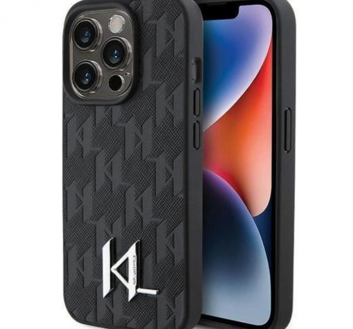 Оригинален калъф / кейс / Karl Lagerfeld Leather Monogram Hot Stamp Metal Logo, За iPhone 15 Pro (6.1) черен