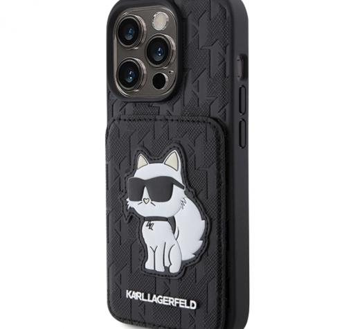 Оригинален / калъф / кейс Karl Lagerfeld Saffiano Cardslots and Stand Monogram Choupette за iPhone 15 Pro Max (6.7) - черен