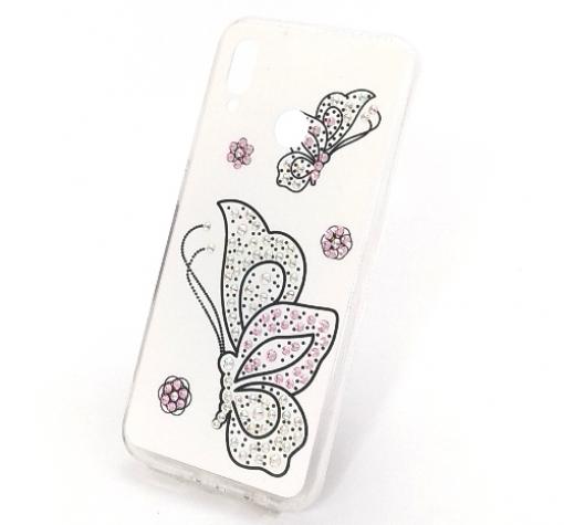 Луксозен силиконов калъф / гръб / с камъни за Huawei P20 Lite - Butterflies / бял