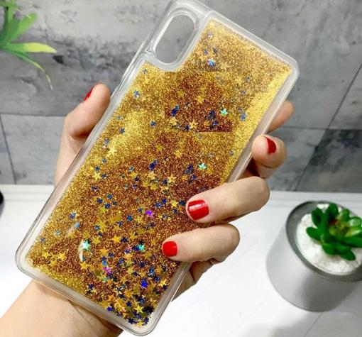 Луксозен силиконов калъф / гръб / TPU 3D за Huawei P20 - прозрачен / златист брокат / звездички