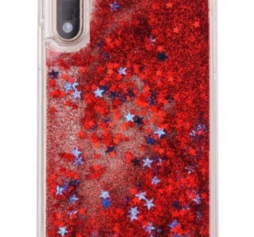Луксозен твърд гръб 3D за Huawei P20 - прозрачен / червен брокат / звездички