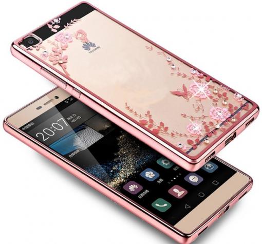 Луксозен силиконов калъф / гръб / TPU с камъни за Huawei Ascend P8 Lite / Huawei P8 Lite - розови цветя / Rose Gold кант